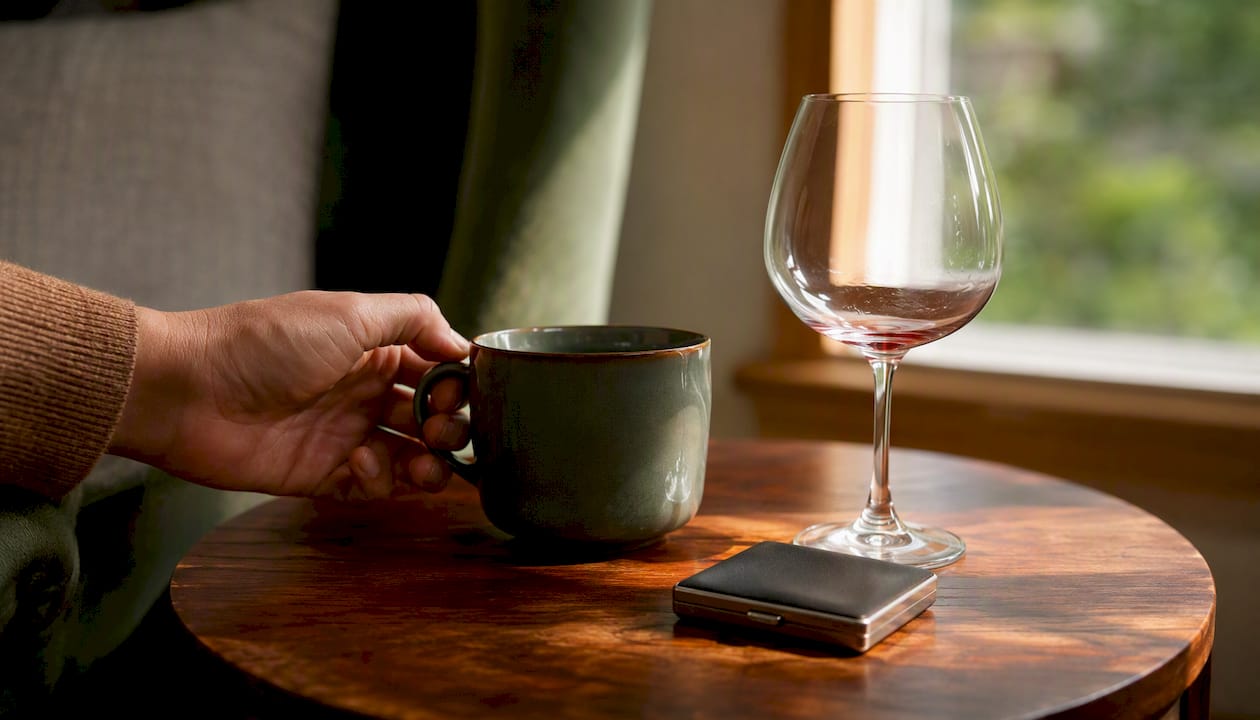 Coffee, wine, and cigarette on table as triggers