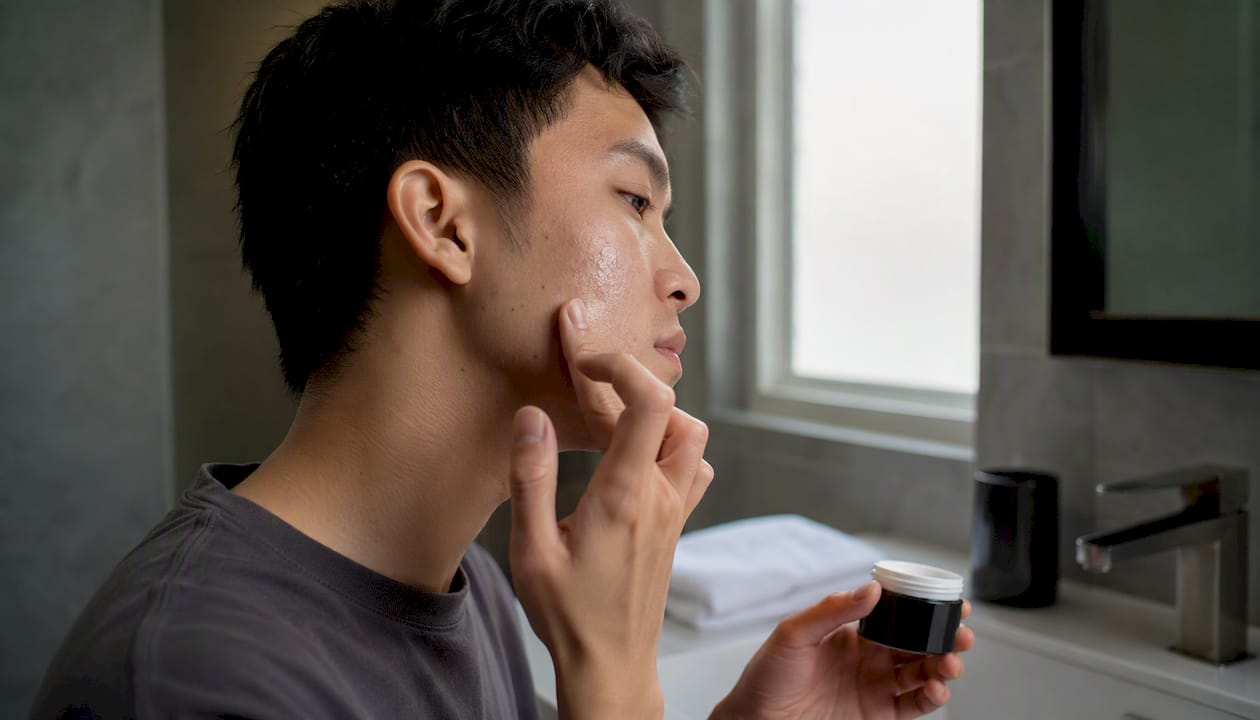 Hands applying gel onto scarred cheek skin