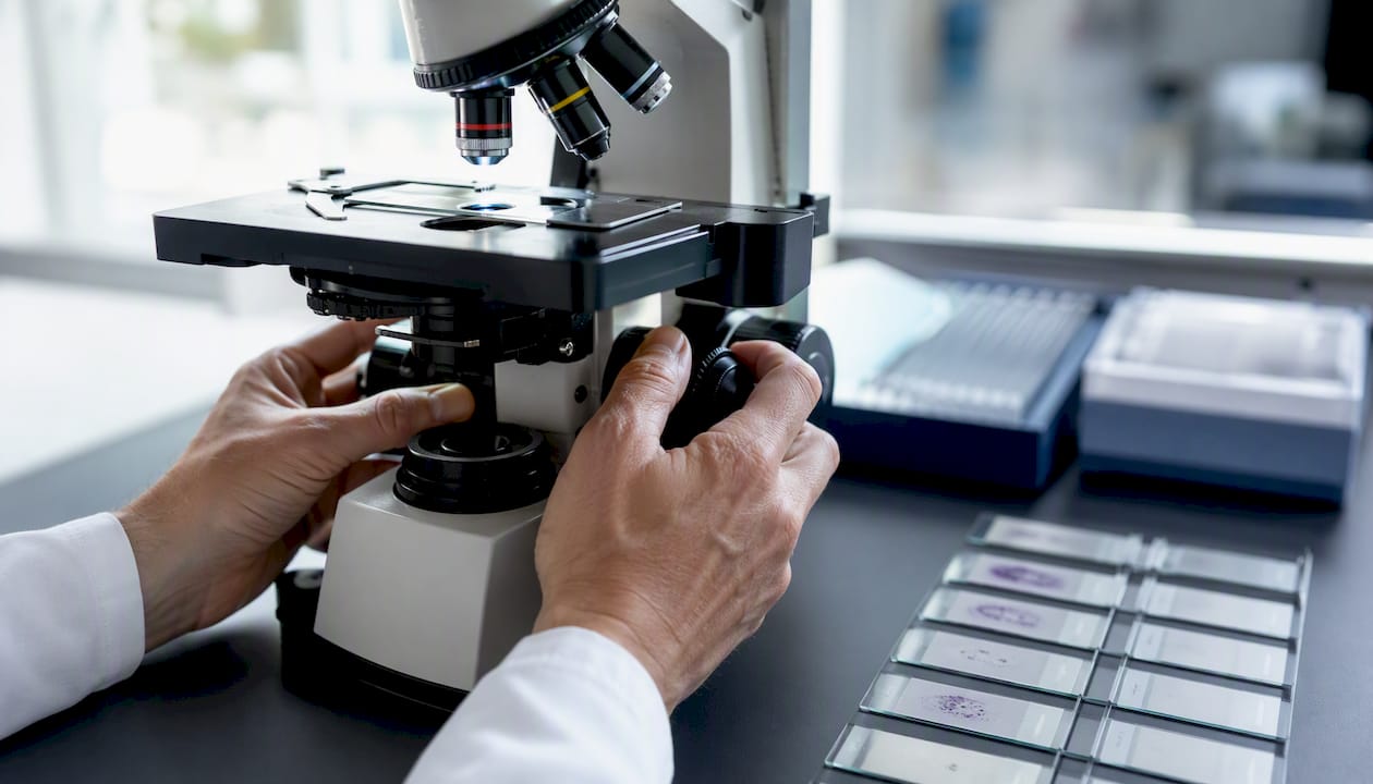 Hands adjusting microscope focusing on skin biopsy slides