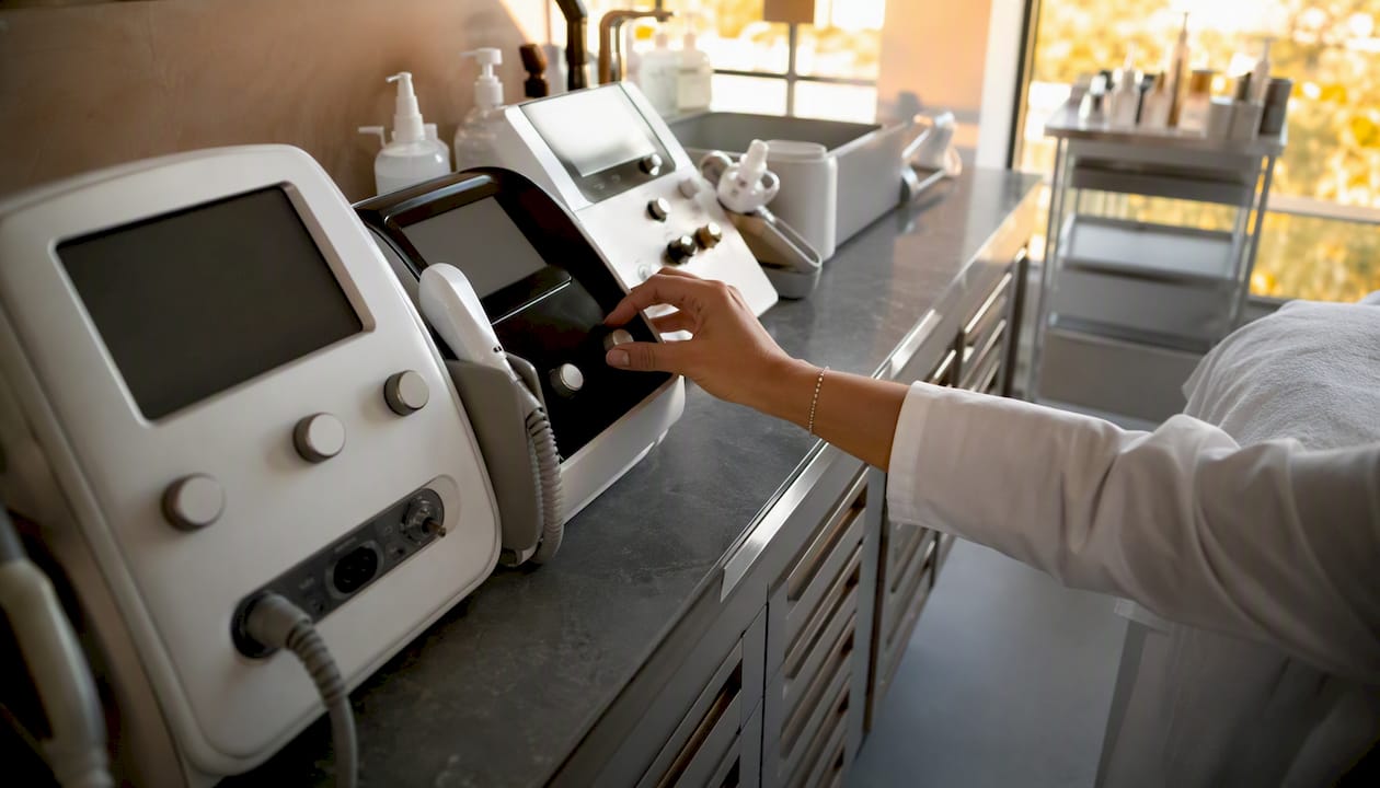 Hand adjusting laser devices in dermatology clinic