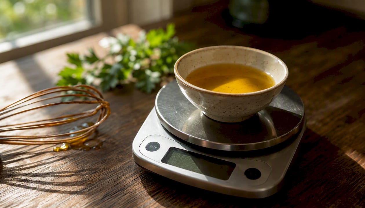 Cooking oil being weighed on kitchen scale