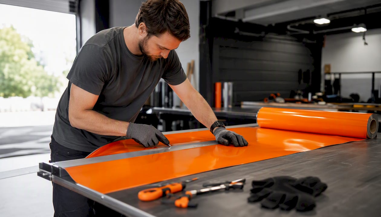 Installer measuring vinyl material roll