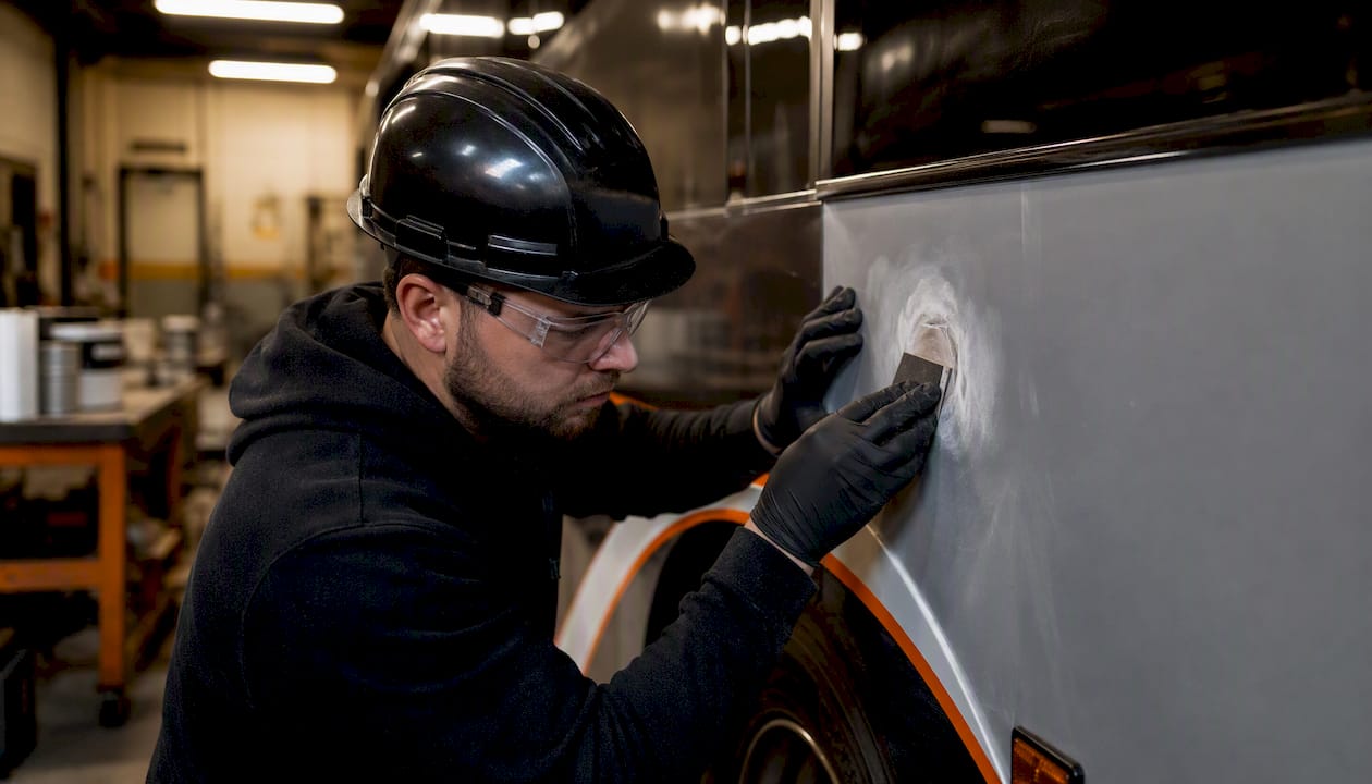 Technician sanding bus surface defect