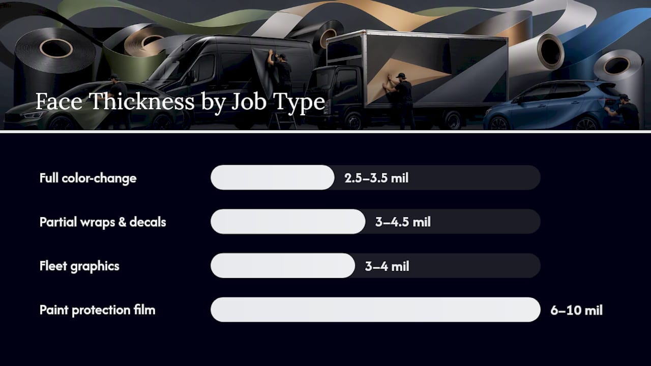Diagram comparing vinyl wrap thickness, material, and use cases