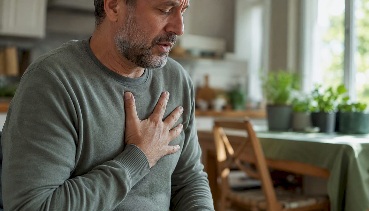 Hand pressing chest indicating pain