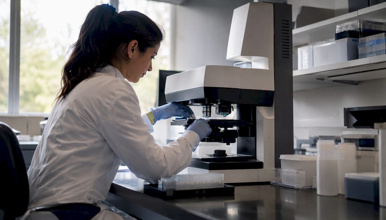 Technician hands adjusting pathology imaging device