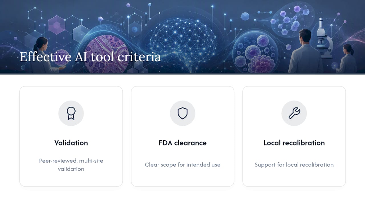 Diagram showing criteria for effective AI pathology tools