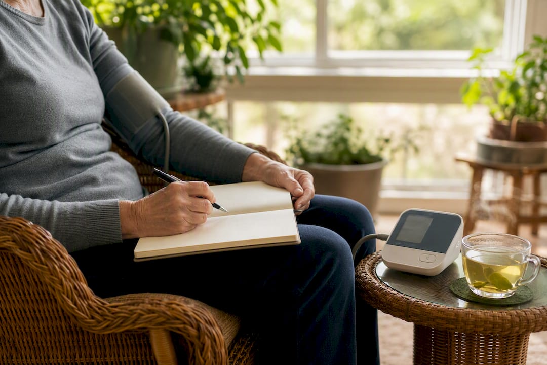 Logging blood pressure readings at kitchen table