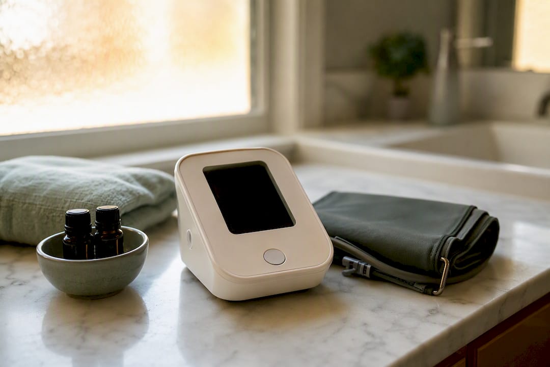 Upper-arm blood pressure monitor on bedside table