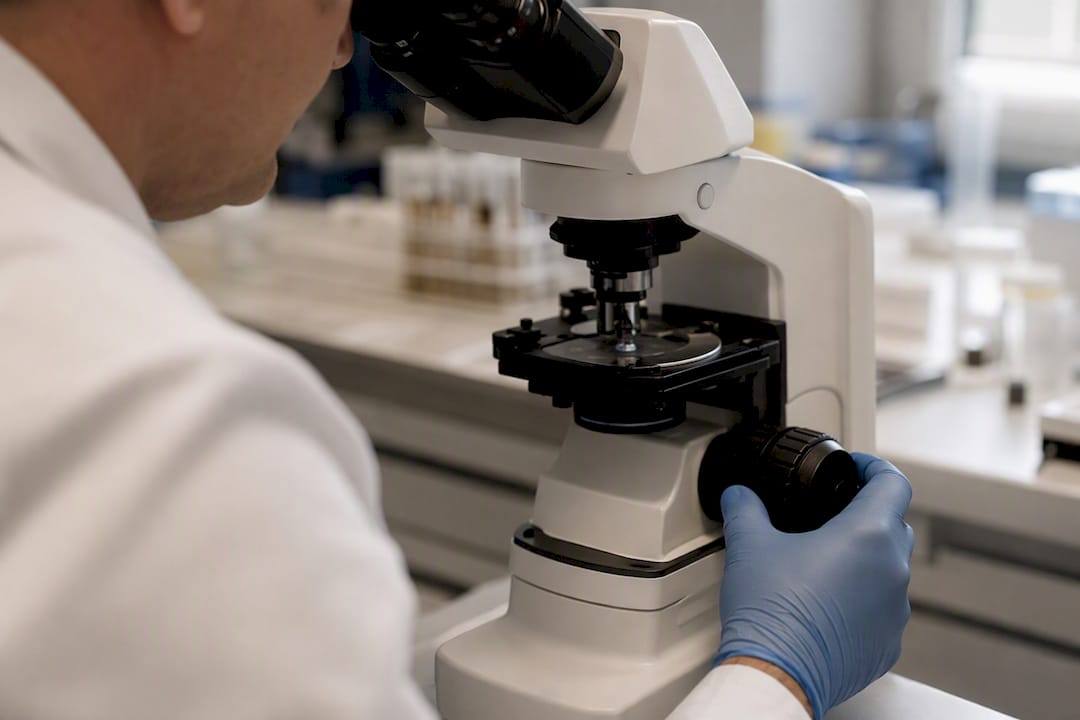 Hands adjusting confocal microscope in pathology lab