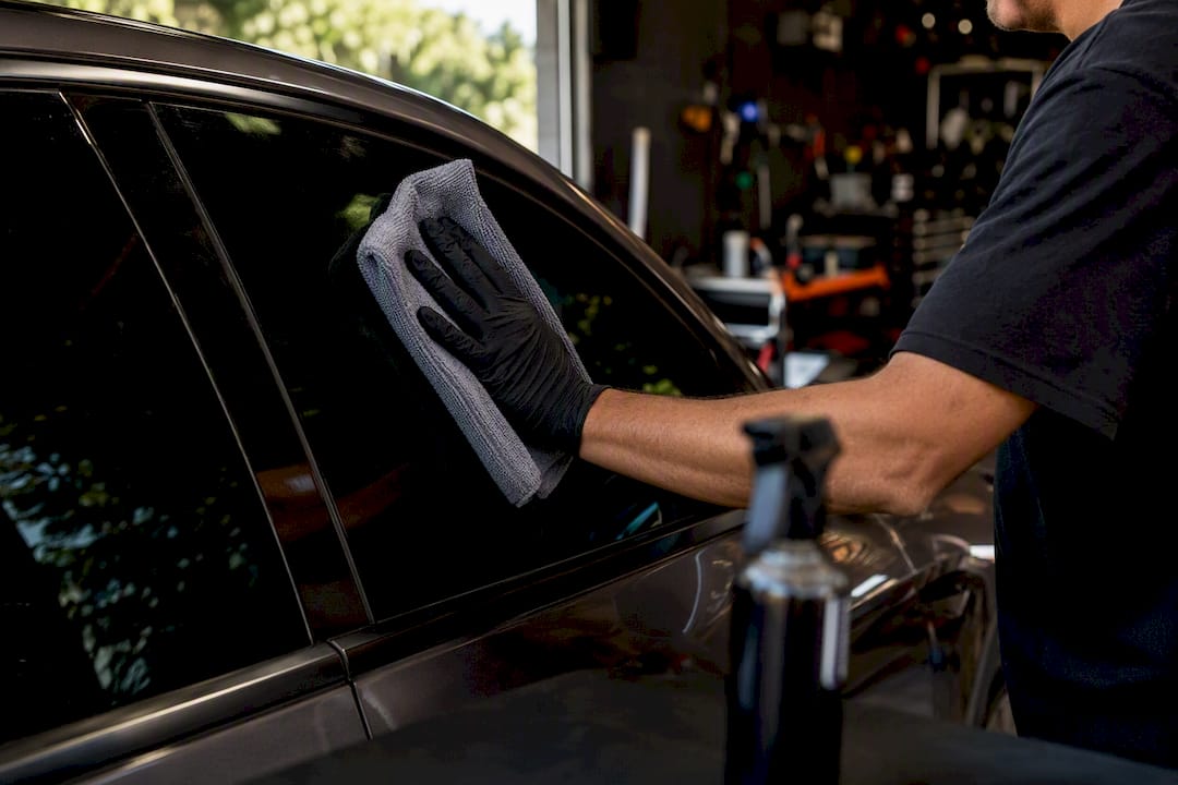 Hand cleaning tinted car window with microfiber cloth