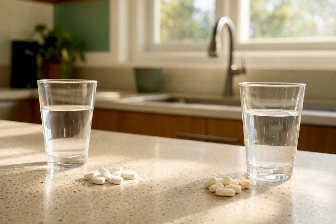Two types of calcium supplement tablets with water