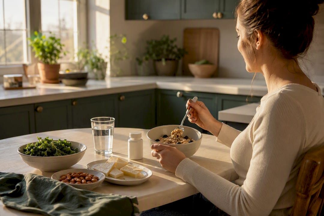 Calcium-rich meal plate with supplements and water glass