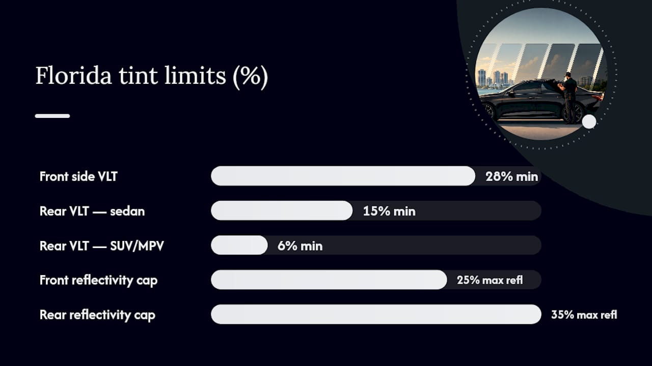 Diagram of Florida legal window tint VLT and reflectivity limits