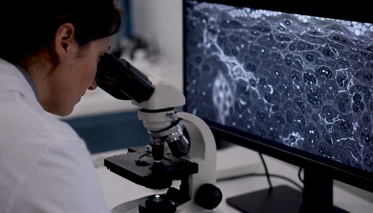 Skin inflammation and fungal hyphae under confocal microscopy