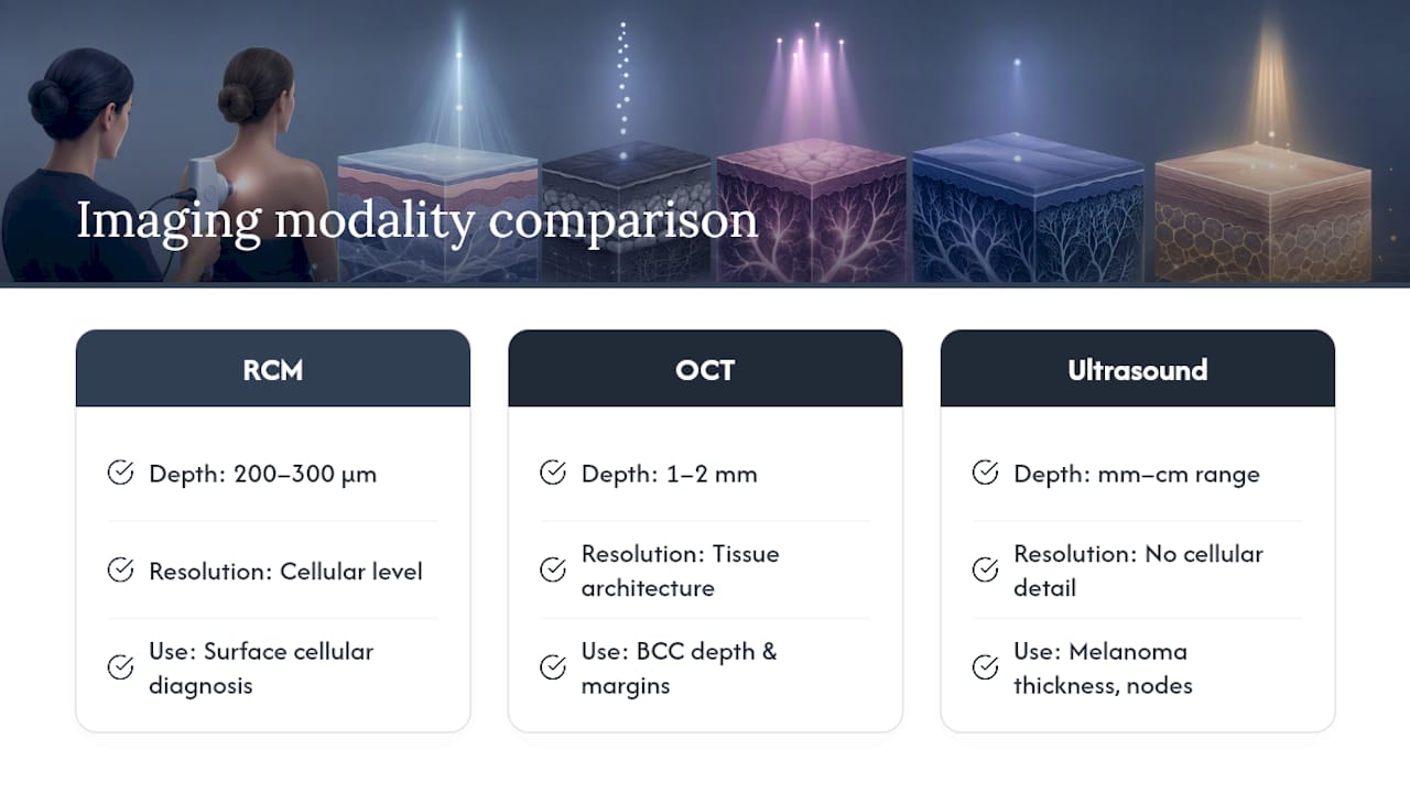 Comparison diagram of confocal microscopy, OCT, and ultrasound for skin