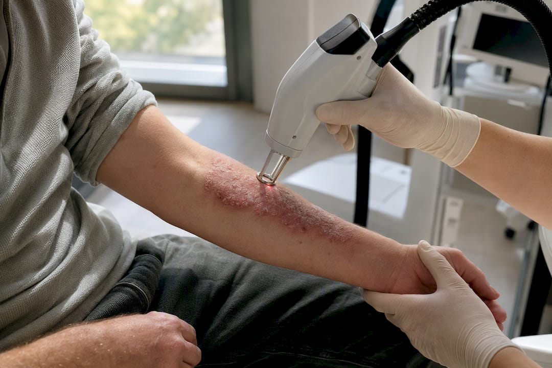Close-up of excimer laser targeting skin lesion