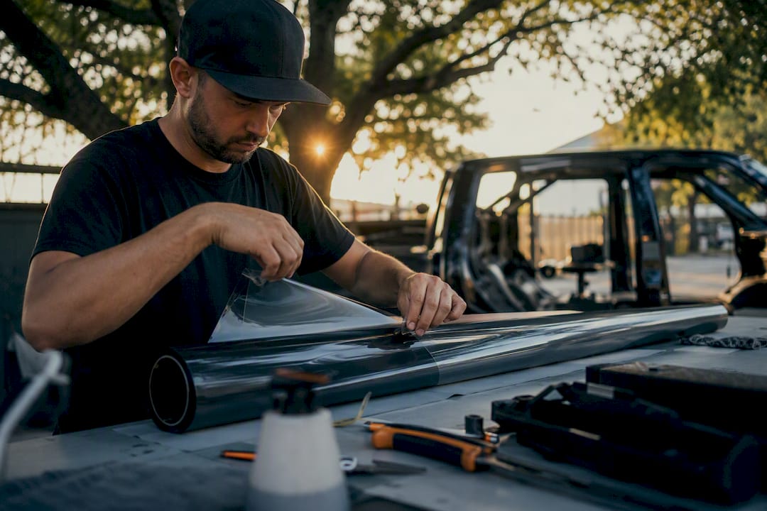 Installer hands preparing tint film roll