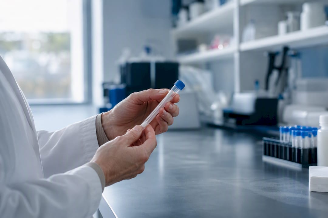 Clinician handling throat swab sample tube