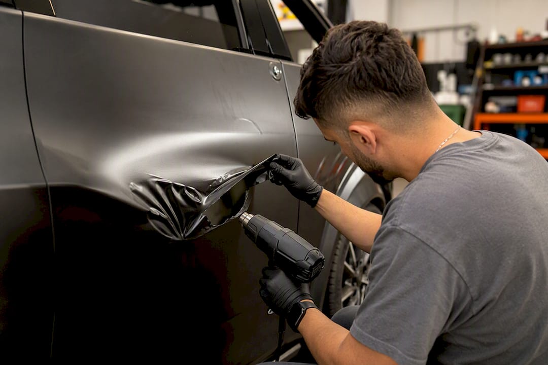 Hands repairing vehicle wrap on dented panel