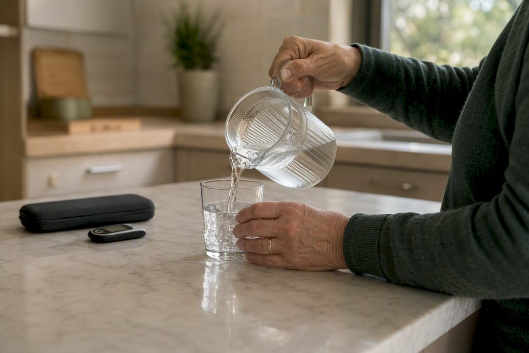 Hands filling water glass near diabetes medication