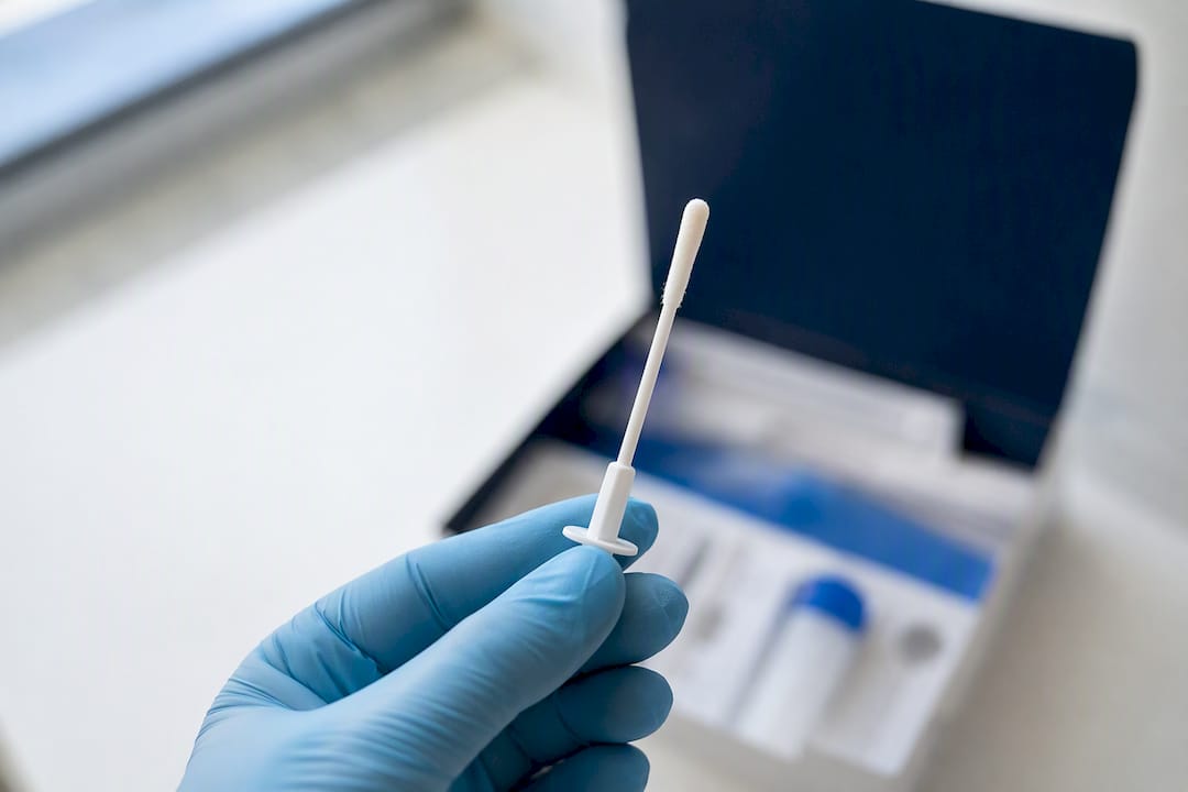 Gloved hand holding saliva swab for drug testing