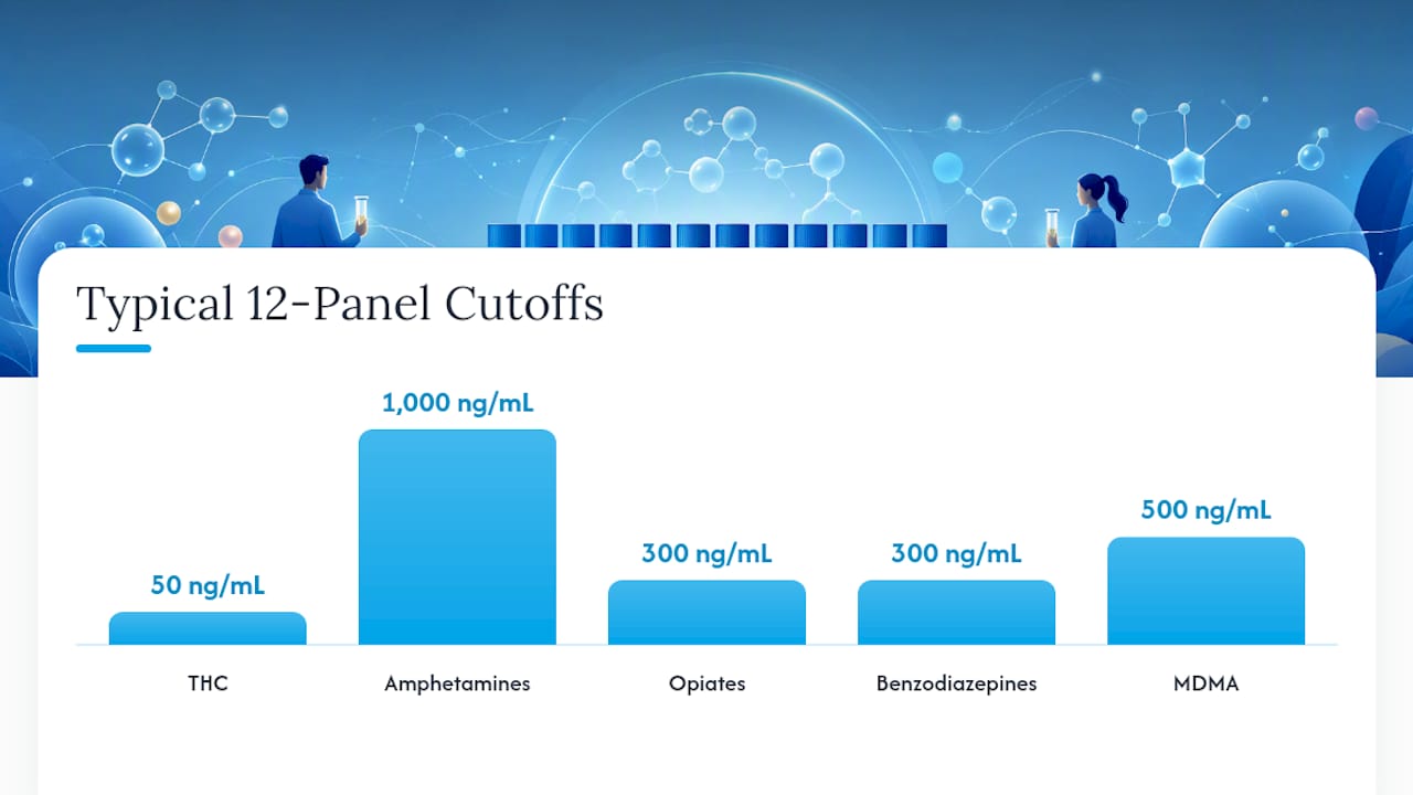 Chart comparing cutoff levels of 12 drug test panels
