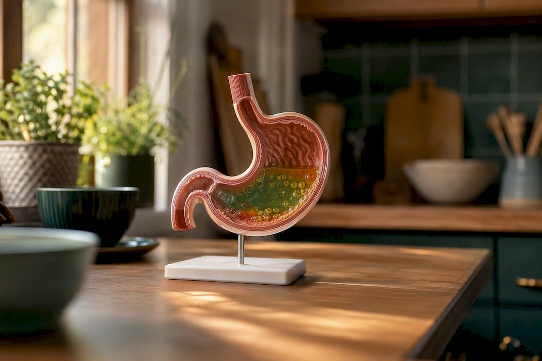 Anatomical stomach model showing digestion delay