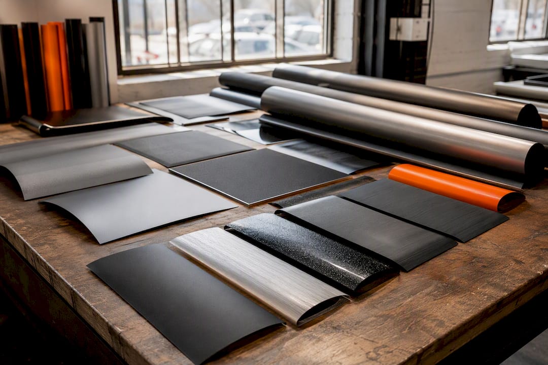 Specialty vinyl wrap finish samples on table