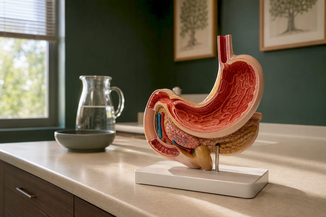 Anatomical stomach model on table
