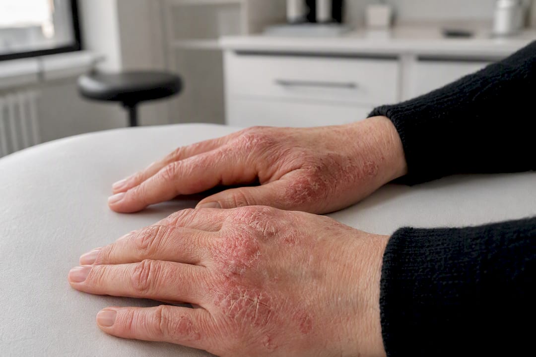 Hands showing hand eczema with cracks and redness