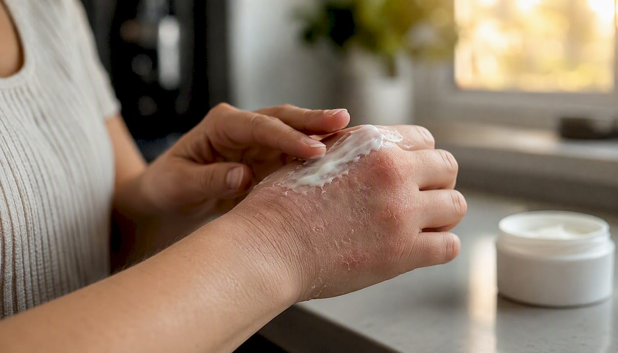 Applying moisturizer cream to dry hands
