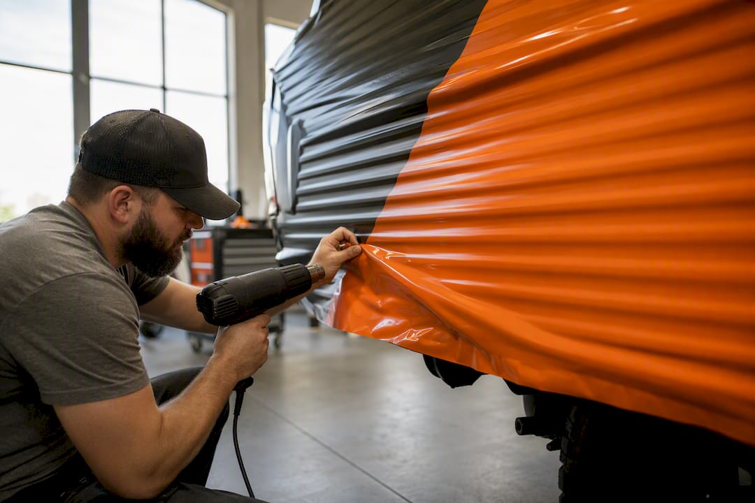 Hands installing vinyl wrap over ribbed truck siding
