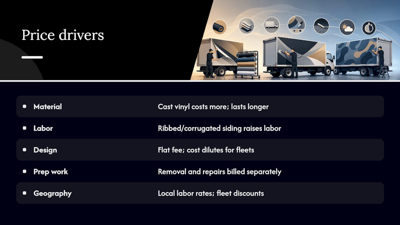 Diagram comparing factors affecting box truck wrap prices