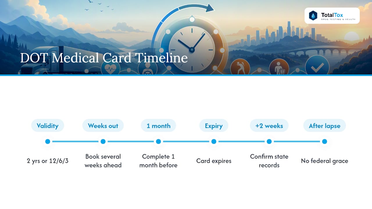 Diagram of DOT medical card validity periods and renewal timeline