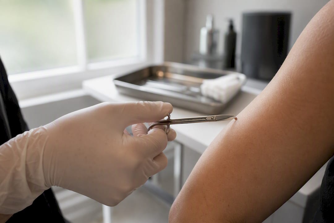 Close-up of skin tag removal with scissors
