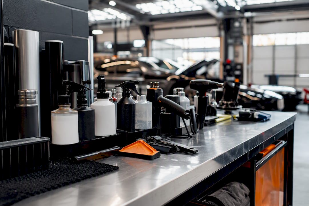 Adhesive solvents and wrap removal tools on bench