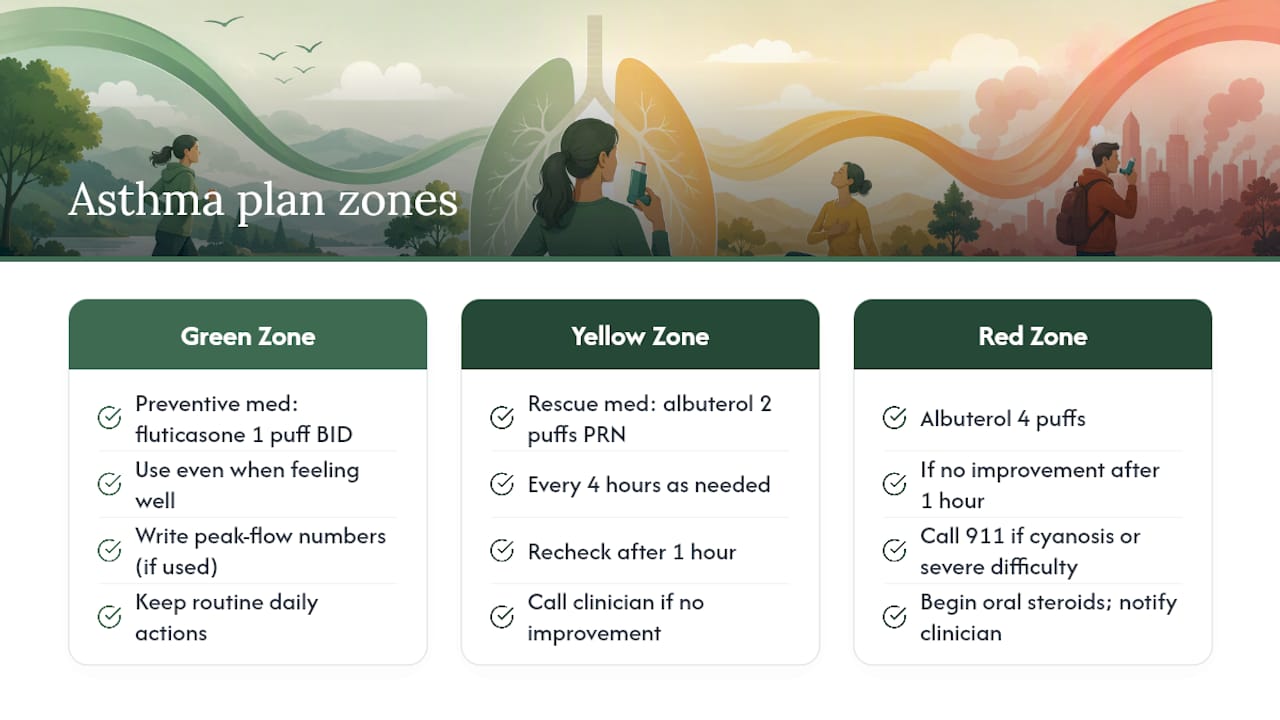 Diagram of asthma action plan zones and steps