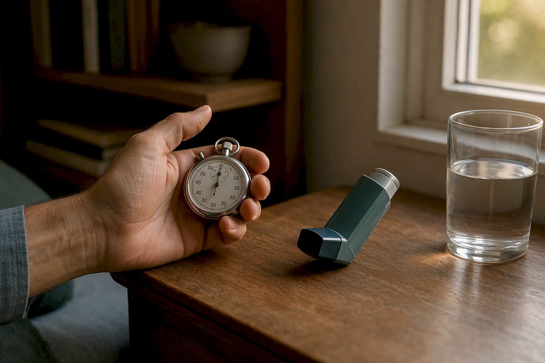 Hand holding timer next to asthma inhaler