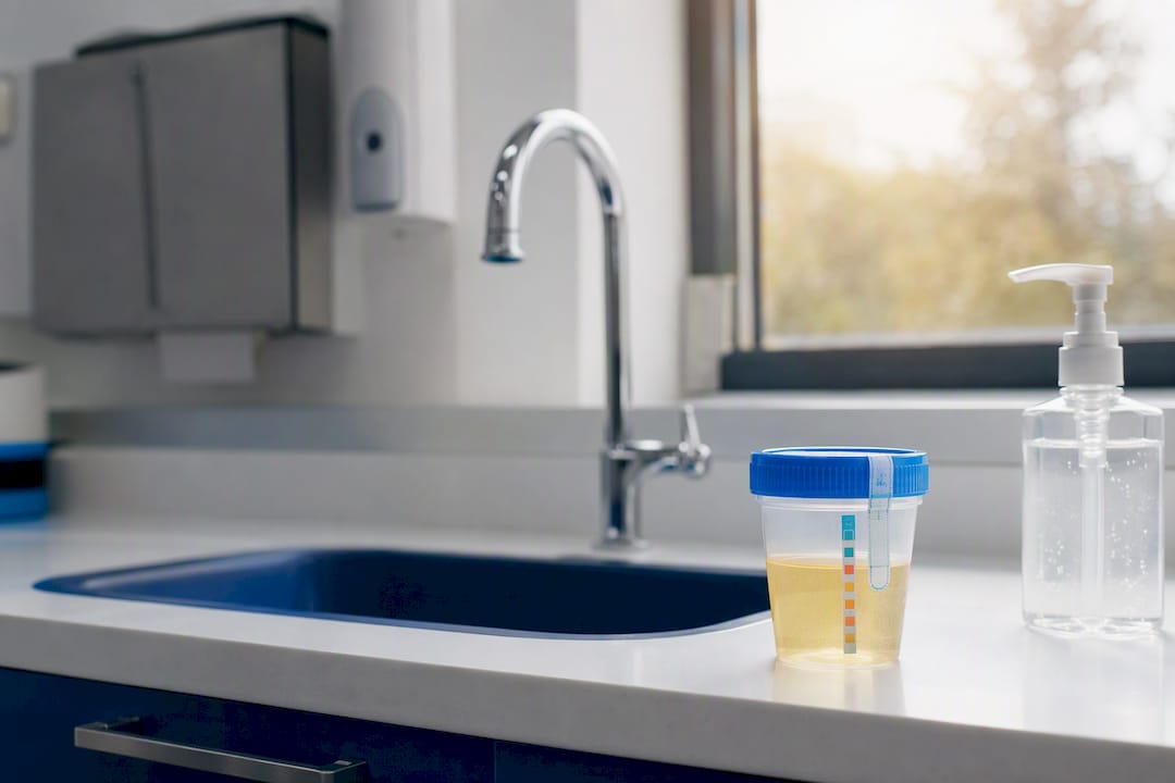 Tamper-evident urine collection cup on counter in specimen room