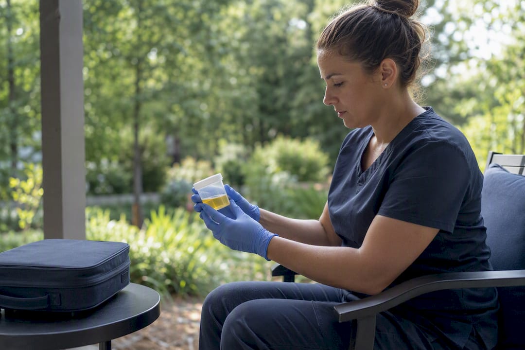 Phlebotomist handling urine sample in home setting
