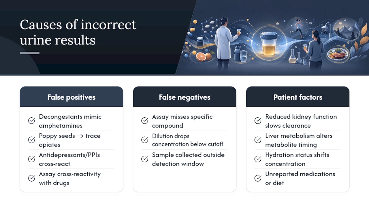 Diagram of false positive and false negative causes in urine drug tests