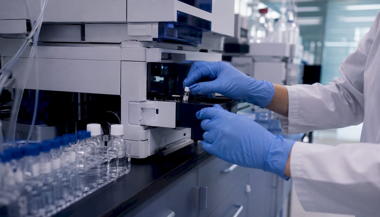 Technician placing vial in chromatography machine