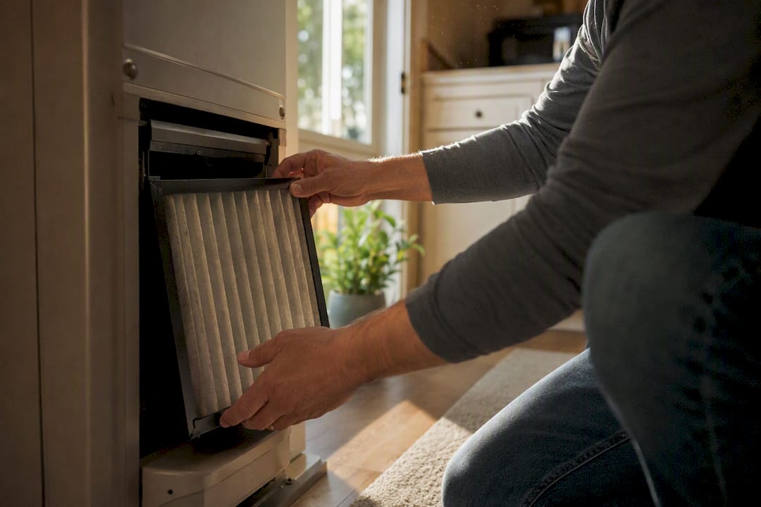 Hands changing HVAC air filter at home