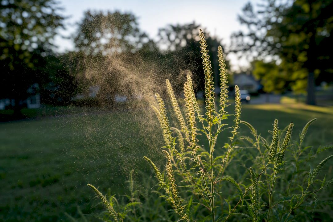 Late summer ragweed releasing pollen outdoors