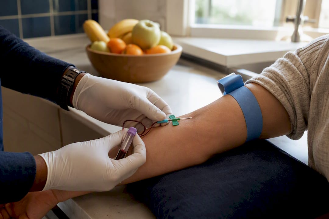 Phlebotomist drawing blood at patient's home