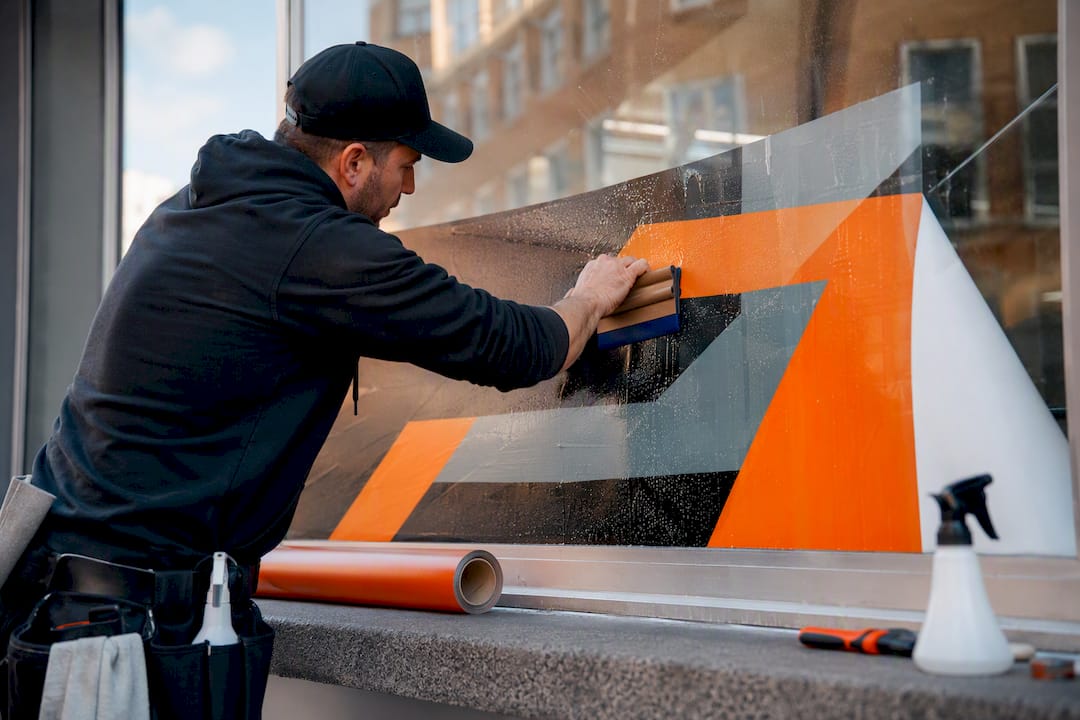Installer smoothing vinyl window decal with squeegee