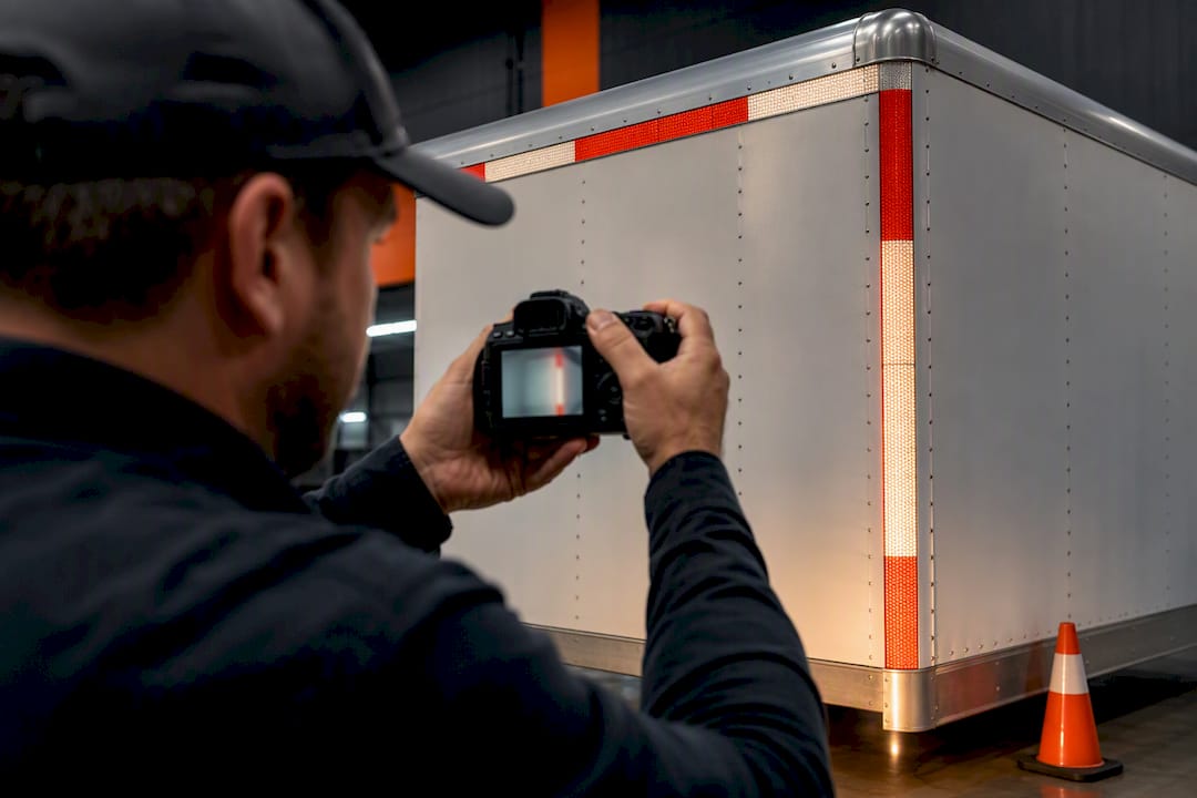 Technician photographing installed conspicuity tape