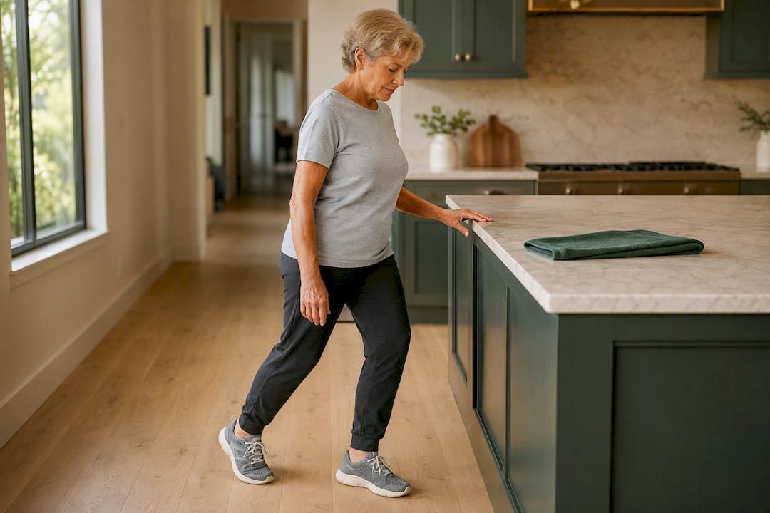 Older adult practicing balance beside counter
