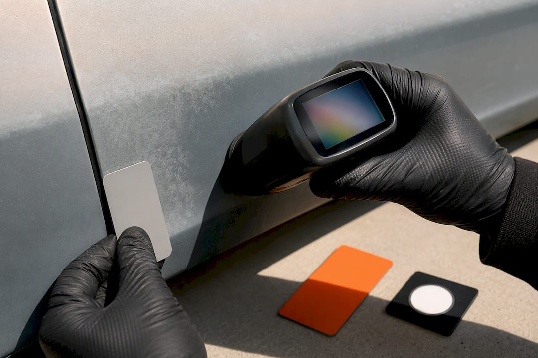 Technician scanning a weathered paint panel
